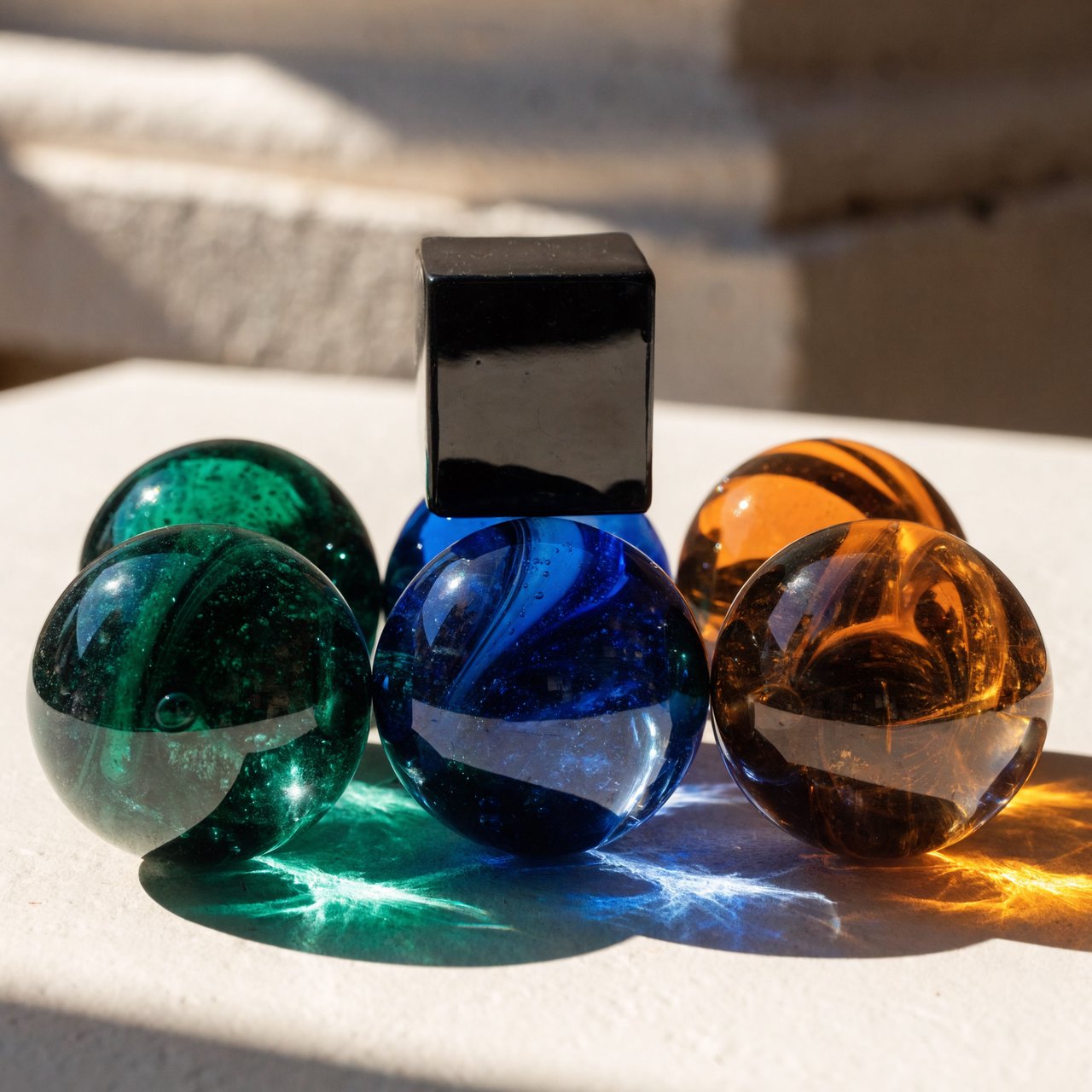 Exactly six glass marbles sit on a cream tabletop: three green marbles in a row on the left, two amber marbles in a row on the right, and one blue marble centered between the rows. A black cube sits above the blue marble, nothing else. — Recraft v4 Pro