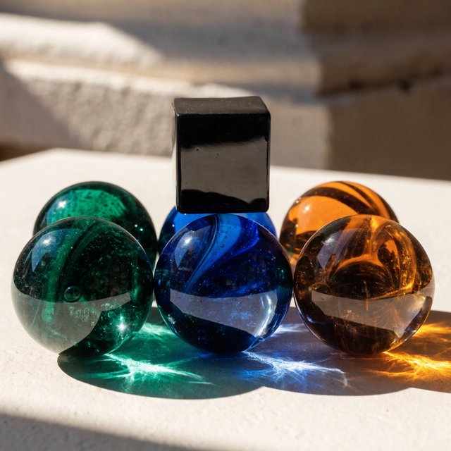 Exactly six glass marbles sit on a cream tabletop: three green marbles in a row on the left, two amber marbles in a row on the right, and one blue marble centered between the rows. A black cube sits above the blue marble, nothing else. — Recraft v4 Pro