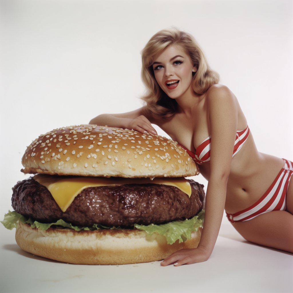 A 1950s pin-up-style photo of a bikini-clad woman sitting on a giant hamburger. — Krea 2 Large