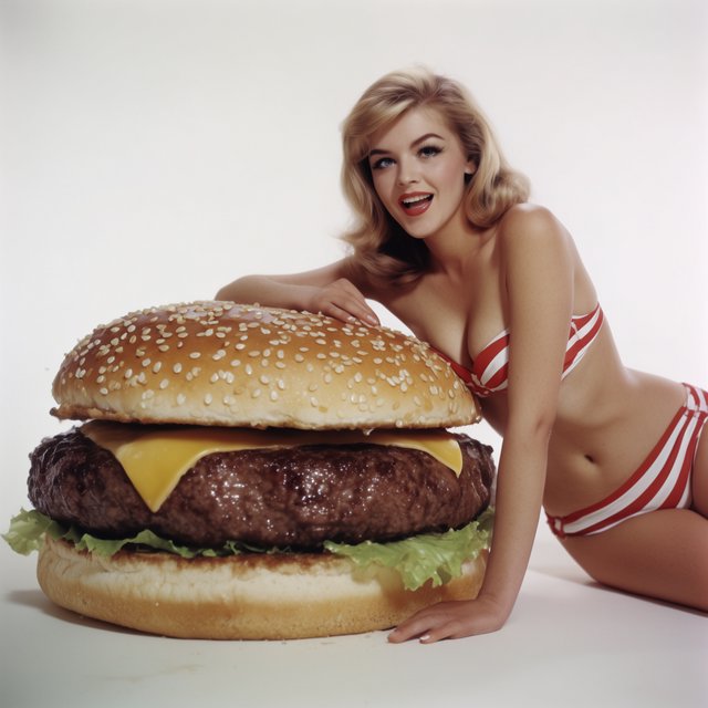 A 1950s pin-up-style photo of a bikini-clad woman sitting on a giant hamburger. — Krea 2 Large