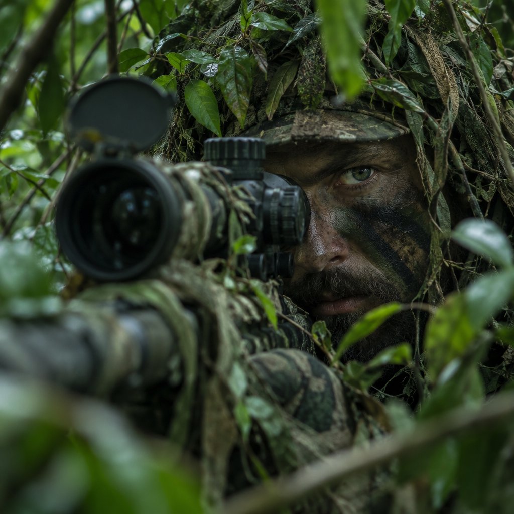 An adult sniper concealed in dense jungle foliage, aiming at a distant target, with a close-up view of his focused face. — GPT Image 2.5 Flare