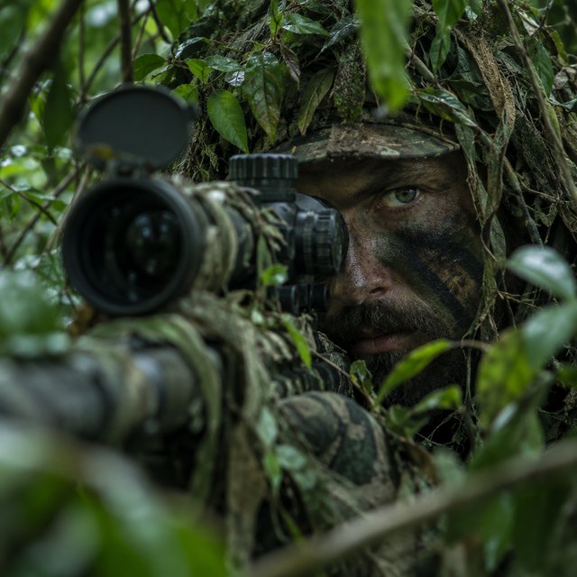 An adult sniper concealed in dense jungle foliage, aiming at a distant target, with a close-up view of his focused face. — Model 1