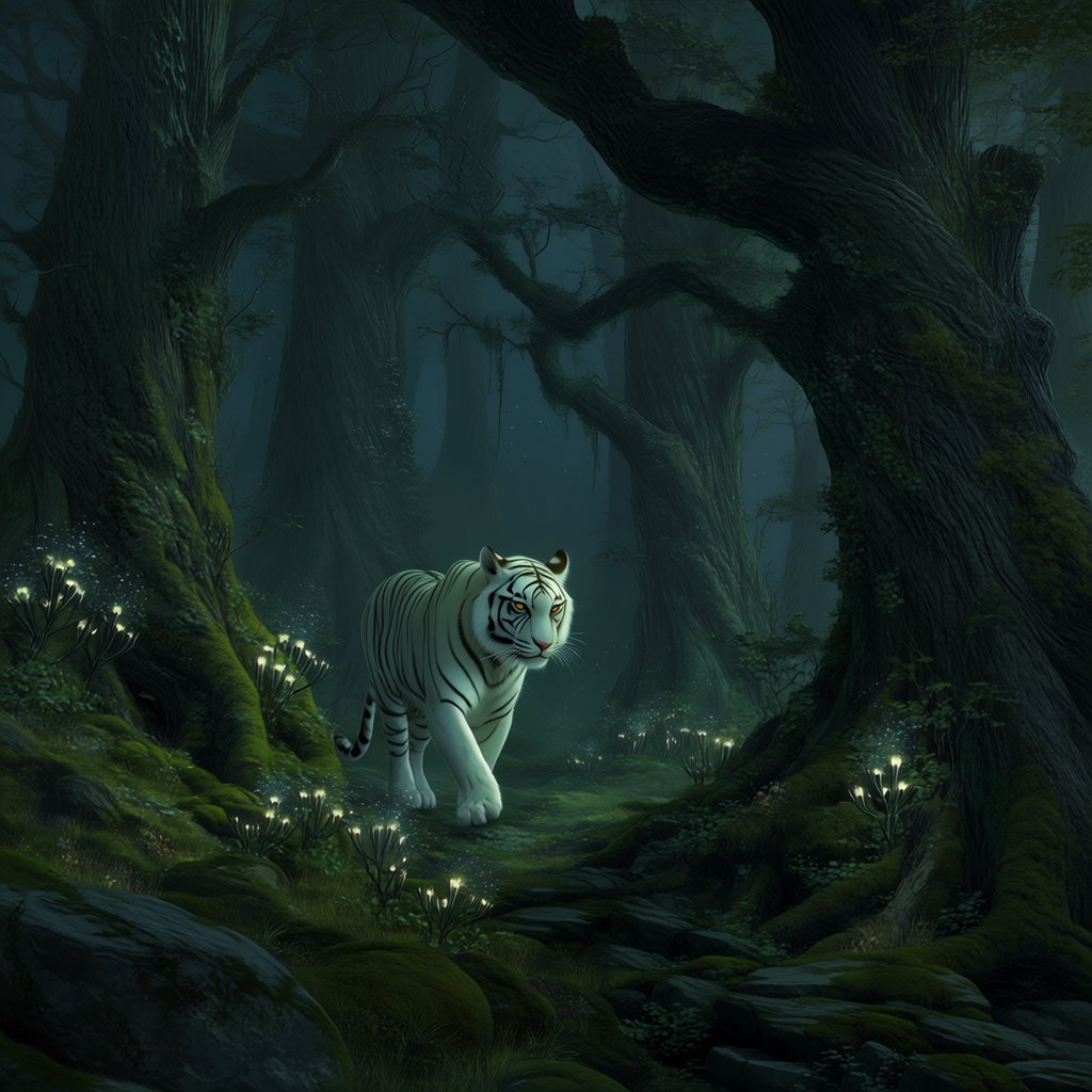 A majestic white tiger with eyes like molten gold, walking through a misty, ancient forest. Strange, bioluminescent flora casts an ethereal glow on the gnarled trees and moss-covered stones. The atmosphere is one of profound mystery and quiet solitude. Rendered in the style of detailed matte painting with a touch of dark fantasy concept art. — Midjourney Niji 7