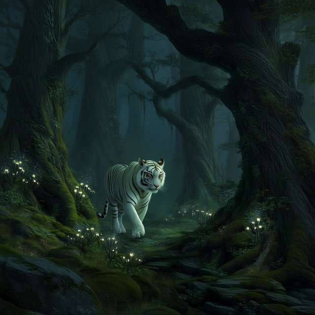 A majestic white tiger with eyes like molten gold, walking through a misty, ancient forest. Strange, bioluminescent flora casts an ethereal glow on the gnarled trees and moss-covered stones. The atmosphere is one of profound mystery and quiet solitude. Rendered in the style of detailed matte painting with a touch of dark fantasy concept art. — Midjourney Niji 7