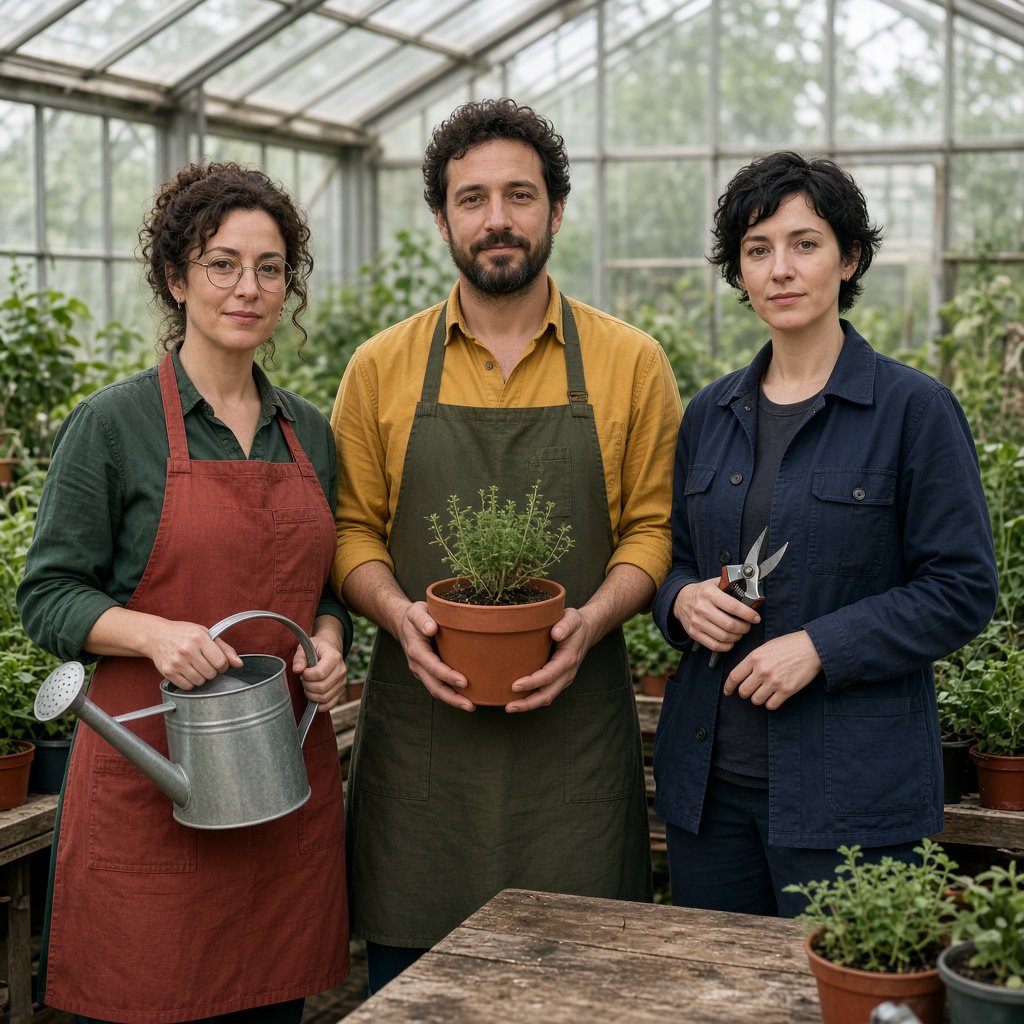 At a quiet greenhouse bench, exactly three adult botanists stand in a row: left wears a rust-red apron and holds a watering can, center wears a mustard shirt and holds a terracotta pot, right wears a navy jacket and holds pruning shears; nothing else. — Grok Imagine Image 2