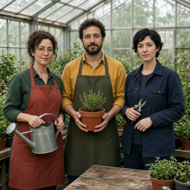 At a quiet greenhouse bench, exactly three adult botanists stand in a row: left wears a rust-red apron and holds a watering can, center wears a mustard shirt and holds a terracotta pot, right wears a navy jacket and holds pruning shears; nothing else. — Grok Imagine Image 2