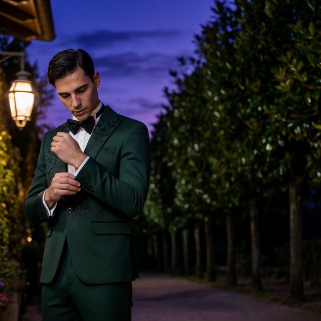 Along a garden path at violet dusk, an adult man in a midnight-green dinner suit adjusts one cuff beneath warm lantern glow, caught in a quiet pre-event pause with glossy leaves and elegant magazine polish. — Krea 2 Large