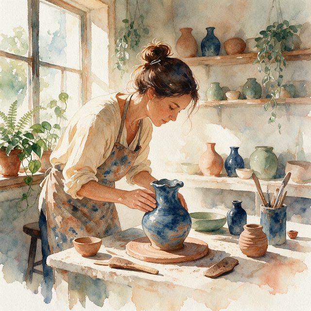 Watercolour illustration of an adult ceramicist shaping a blue-glazed vessel in a sunlit workshop, shelves of unfinished pottery and leafy plants softened by loose brushwork. Palette of terracotta, indigo, warm cream, and sage. — Seedream 5.0 Pro