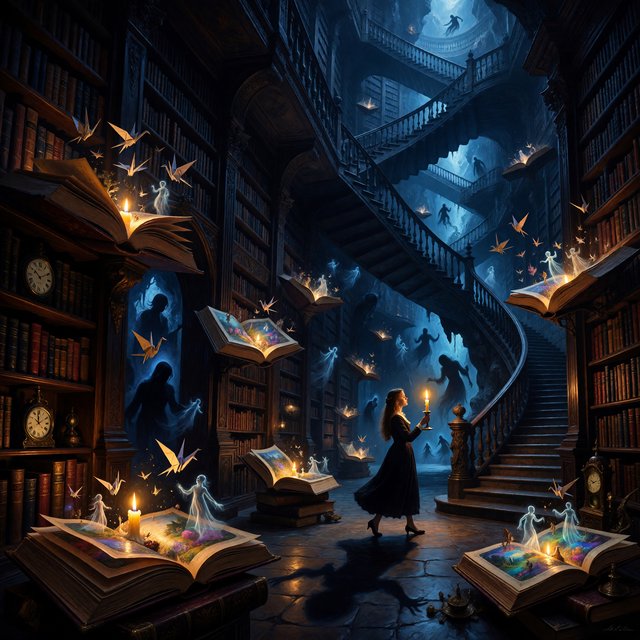 In an infinite library where floating staircases defy gravity, a young woman carries a candle through endless shelves. Her shadow has quietly detached itself from her feet and now wanders independently among the towering bookcases, secretly opening glowing books filled with forgotten memories. Each open page reveals miniature worlds: flying origami birds, drifting clocks, and tiny ghostly figures. The woman's candlelight creates impossible reflections, revealing dozens of alternative shadows with distinct personalities. Dreamlike surrealism, warm golden candlelight set against deep blue darkness, intricate details, magical realism, painterly. — ImagineArt 1.5 Pro