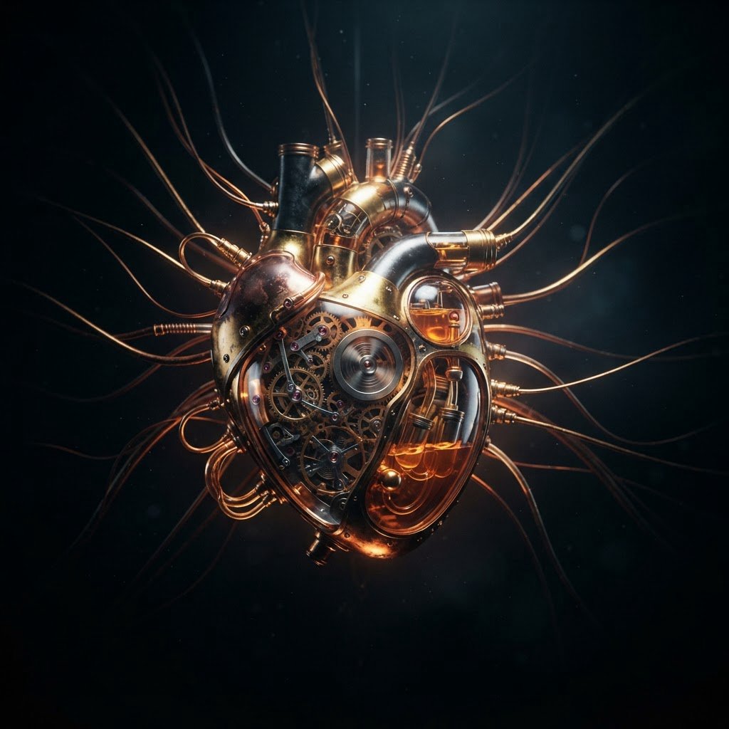 A beautifully intricate mechanical heart floating alone in deep darkness, designed like an exquisite piece of horological sculpture. Its polished brass, copper, and dark steel chambers are partially open, revealing layers of tiny interlocking gears, delicate springs, pistons, and precision mechanisms within. Sections of crystal-clear glass expose deeper workings, while slender tubes carry a faintly glowing fluid through the heart like an artificial bloodstream. Tiny gears turn and pistons move, suggesting that the heart is genuinely functioning. Fine mechanical filaments curl outward like veins and arteries, catching subtle highlights from the warm inner glow. Elegant steampunk aesthetic, dramatic cinematic lighting, rich metallic textures, intricate reflections, mysterious atmosphere. — Nano Banana 2 Lite