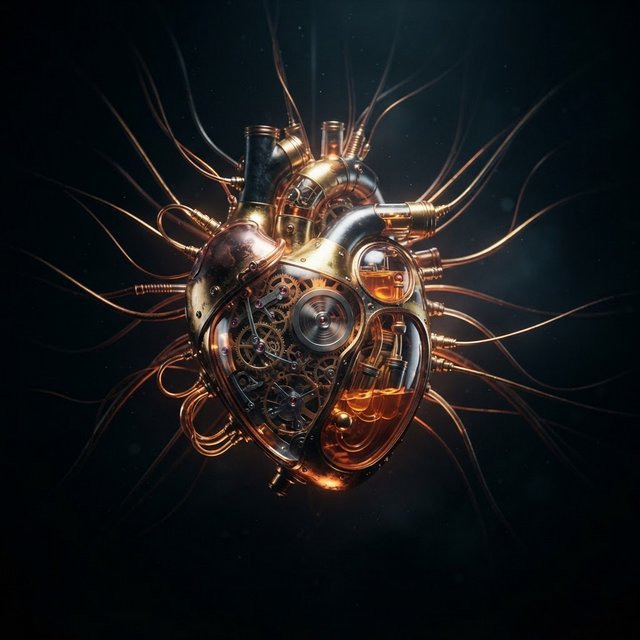A beautifully intricate mechanical heart floating alone in deep darkness, designed like an exquisite piece of horological sculpture. Its polished brass, copper, and dark steel chambers are partially open, revealing layers of tiny interlocking gears, delicate springs, pistons, and precision mechanisms within. Sections of crystal-clear glass expose deeper workings, while slender tubes carry a faintly glowing fluid through the heart like an artificial bloodstream. Tiny gears turn and pistons move, suggesting that the heart is genuinely functioning. Fine mechanical filaments curl outward like veins and arteries, catching subtle highlights from the warm inner glow. Elegant steampunk aesthetic, dramatic cinematic lighting, rich metallic textures, intricate reflections, mysterious atmosphere. — Nano Banana 2 Lite