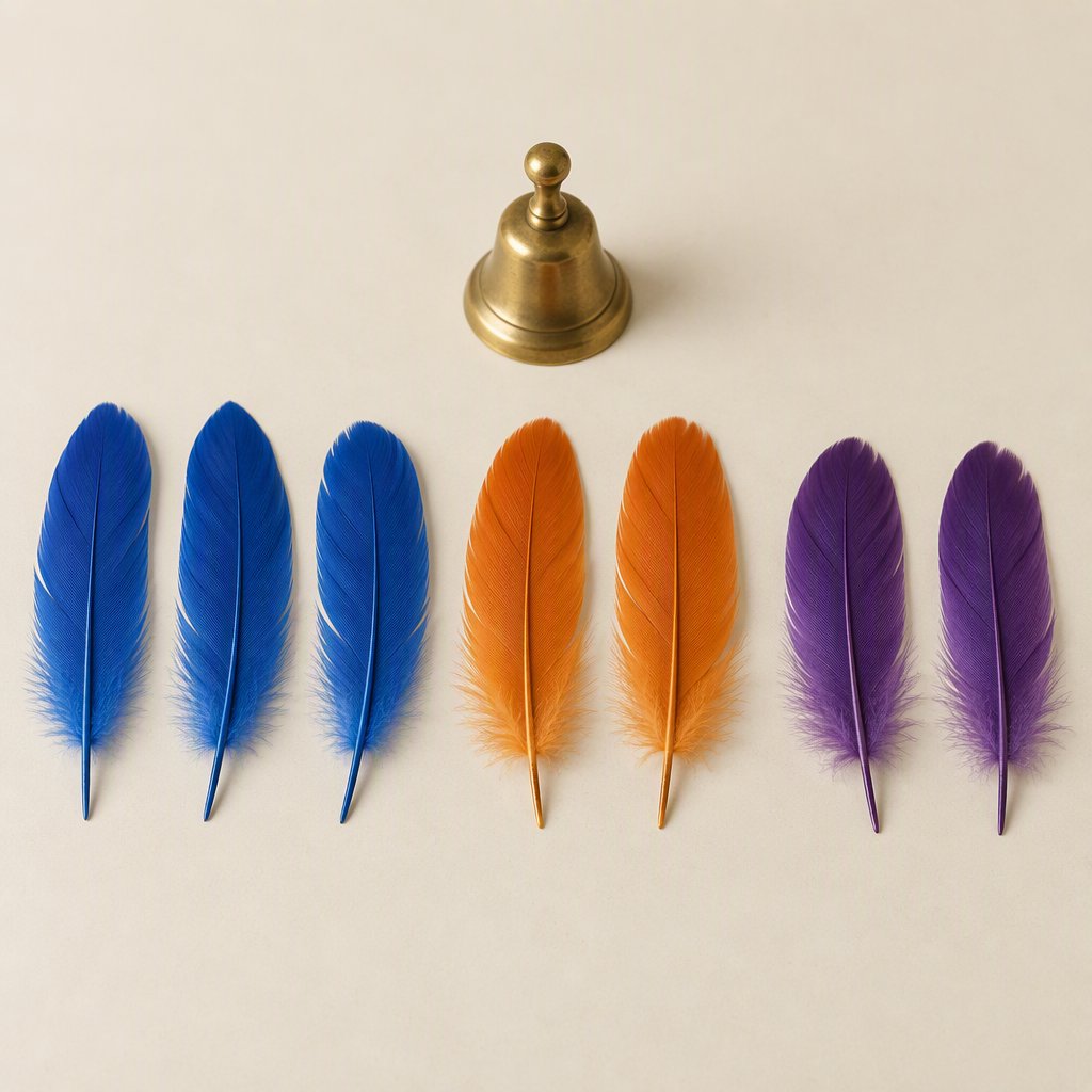 Exactly seven feathers lie on a cream tabletop: three blue on the left, two orange in the center, and two purple on the right. A brass bell sits above the orange pair, nothing else. — GPT Image 2.5 Sunburst
