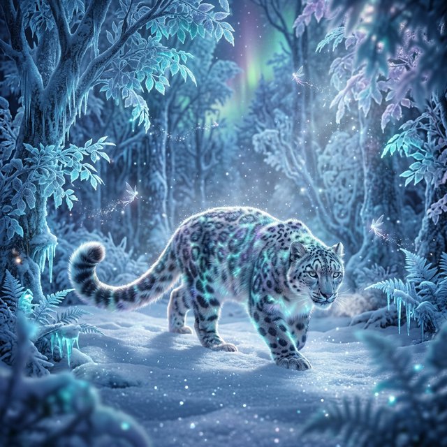 A majestic snow leopard, its fur shimmering with an internal bioluminescent glow, stalks through a frozen, enchanted forest. Crystalline trees with glowing, frost-covered leaves create a magical winter wonderland. Tiny, winged sprites flit between the branches, leaving trails of stardust. The image should capture the essence of a fairytale winter scene with a touch of photorealism, emphasizing the mystical light and the creature's ethereal presence. — Model 15