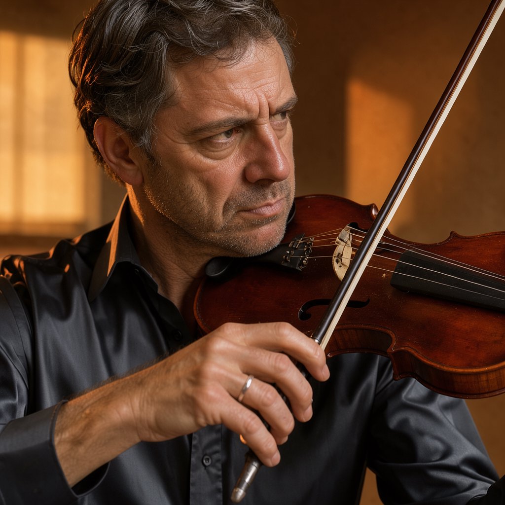 With a violin tucked close, an adult man in his early 50s draws a bow, his hands prominent, wearing a charcoal silk shirt; his intent expression is framed against a warm umber backdrop in soft amber window light, in a close portrait photograph. — FLUX 3 Image Klein