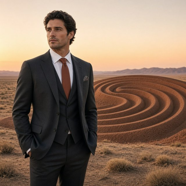Editorial glamour photograph of an adult man in a charcoal evening suit with a muted copper tie, standing at ease beside a desert art installation, flattering sunset light warming the sculptural landscape, composed expression and refined magazine atmosphere. — Grok Imagine Image 2