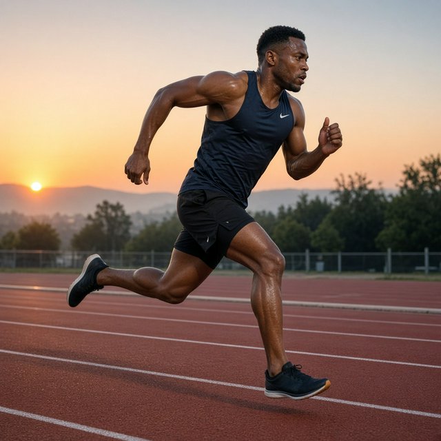 Adult male athlete in running shorts and a tank top mid-sprint on an outdoor track at dawn, muscles defined, motion captured sharply. — Grok Imagine Image 2