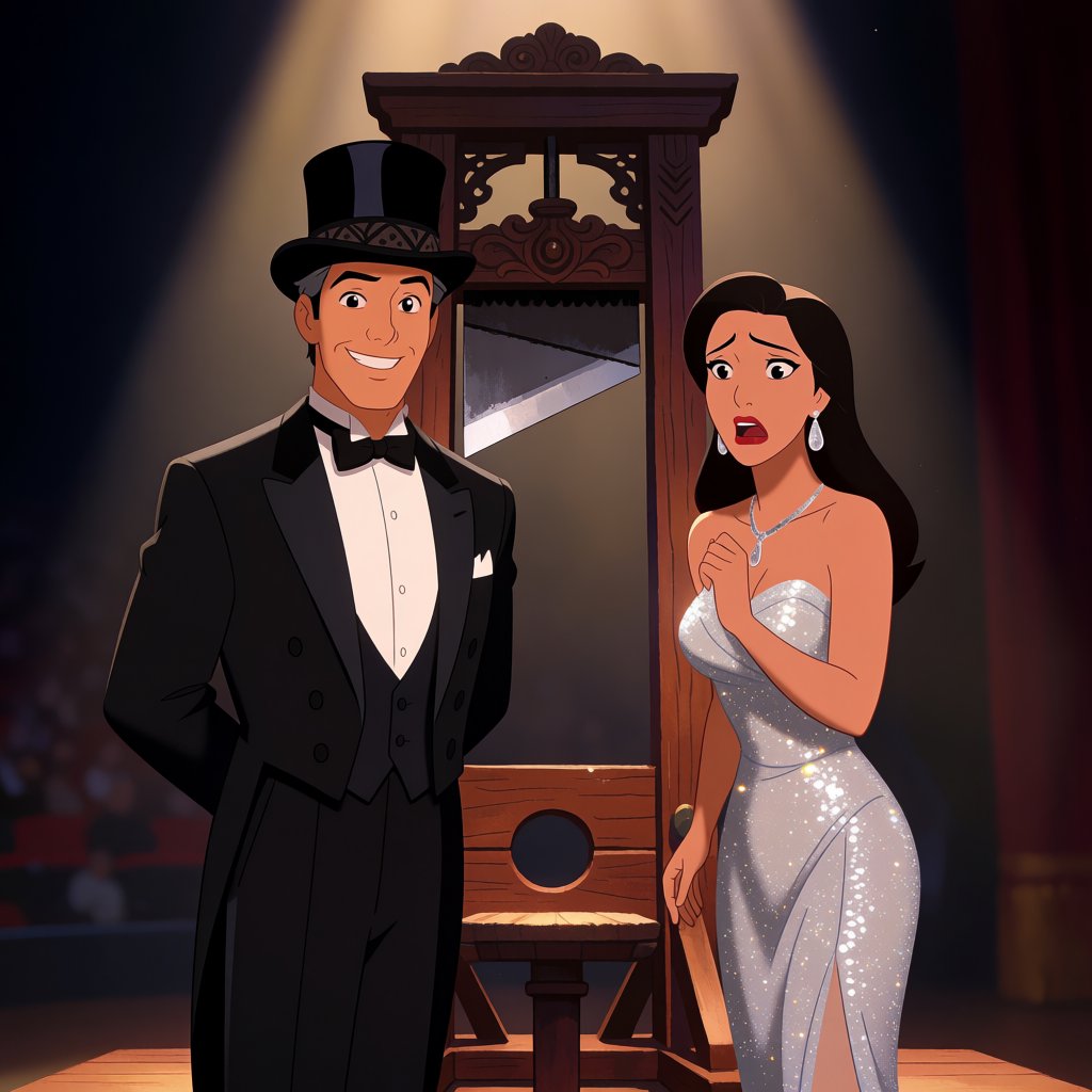A magician's act on a well-lit stage. A well-dressed magician and glamorous adult female assistant have just unveiled the magician's guillotine. The adult female assistant fakes a worried look, knowing she will shortly participate in the illusion. — Krea 2 Medium
