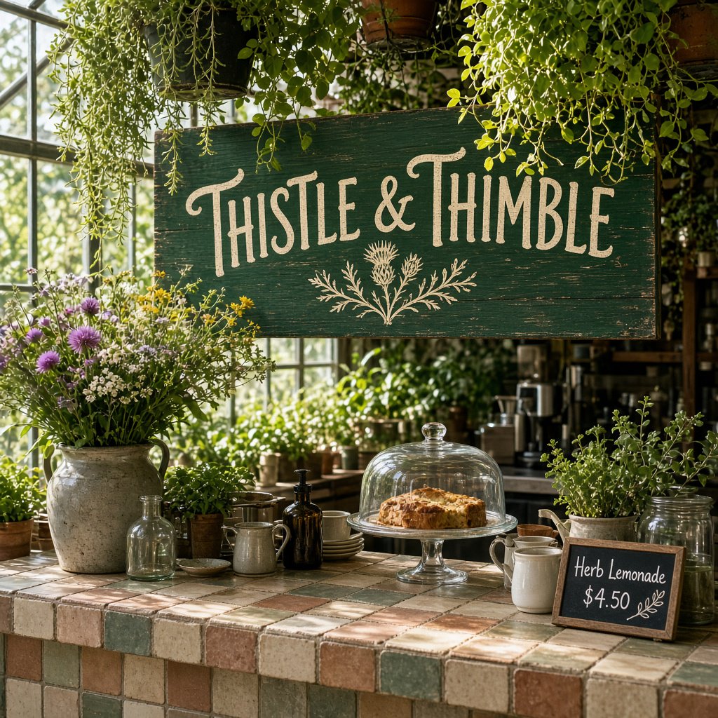 At a neighborhood greenhouse café, sunlight filters through hanging herbs above a tiled counter; "THISTLE & THIMBLE" is painted in hand-lettered cream script across a deep green wooden menu board. — Grok Imagine Image 2