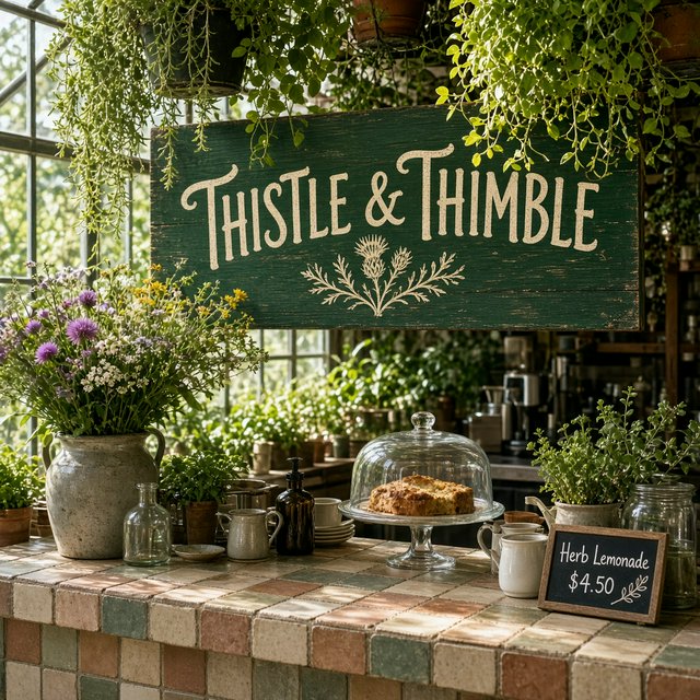 At a neighborhood greenhouse café, sunlight filters through hanging herbs above a tiled counter; "THISTLE & THIMBLE" is painted in hand-lettered cream script across a deep green wooden menu board. — Grok Imagine Image 2