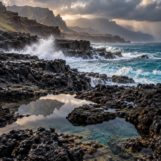 A rugged volcanic coastline under clearing storm clouds at late afternoon, black basalt shelves descending into turquoise surf, sea spray clinging to jagged rocks, tide pools reflecting distant cliffs and layered mountains fading into rain haze. — GPT Image 2.5 Sunburst