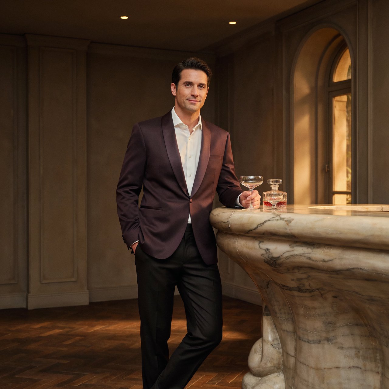 Editorial glamour photograph of an adult man in a midnight-plum dinner jacket and black trousers, standing naturally beside a sculptural marble bar in a quiet hotel lounge, flattering amber light, easy smile, polished editorial elegance. — Ideogram v4.5