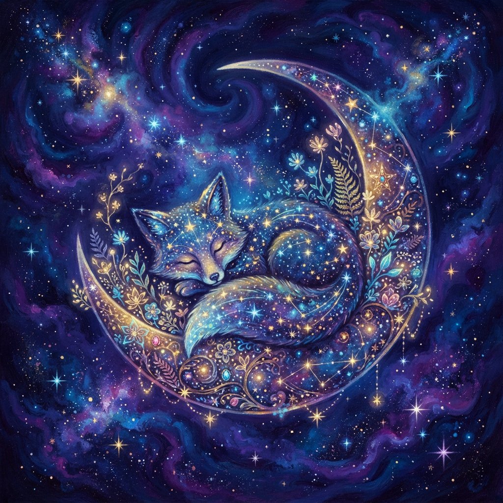 A miniature, intricately detailed fox crafted from living constellations, curled asleep atop a crescent moon. Surrounding it are delicate, bioluminescent flowers that pulse with gentle light, casting intricate shadows. The background is a deep indigo sky filled with swirling nebulae and distant, twinkling stars. The overall aesthetic is dreamlike and whimsical, with a painterly finish and a touch of cosmic wonder. — Nano Banana 2 Lite