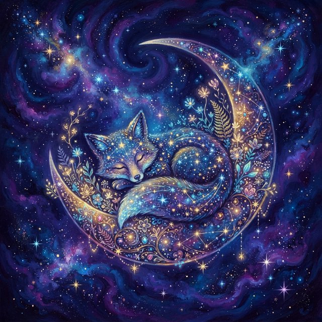 A miniature, intricately detailed fox crafted from living constellations, curled asleep atop a crescent moon. Surrounding it are delicate, bioluminescent flowers that pulse with gentle light, casting intricate shadows. The background is a deep indigo sky filled with swirling nebulae and distant, twinkling stars. The overall aesthetic is dreamlike and whimsical, with a painterly finish and a touch of cosmic wonder. — Nano Banana 2 Lite