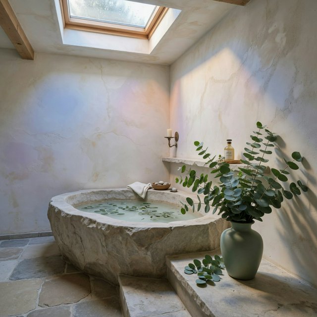 A spa bathroom with a stone tub, a skylight, plaster walls in warm white, eucalyptus in a vase, soft shadows. — Grok Imagine Image Quality