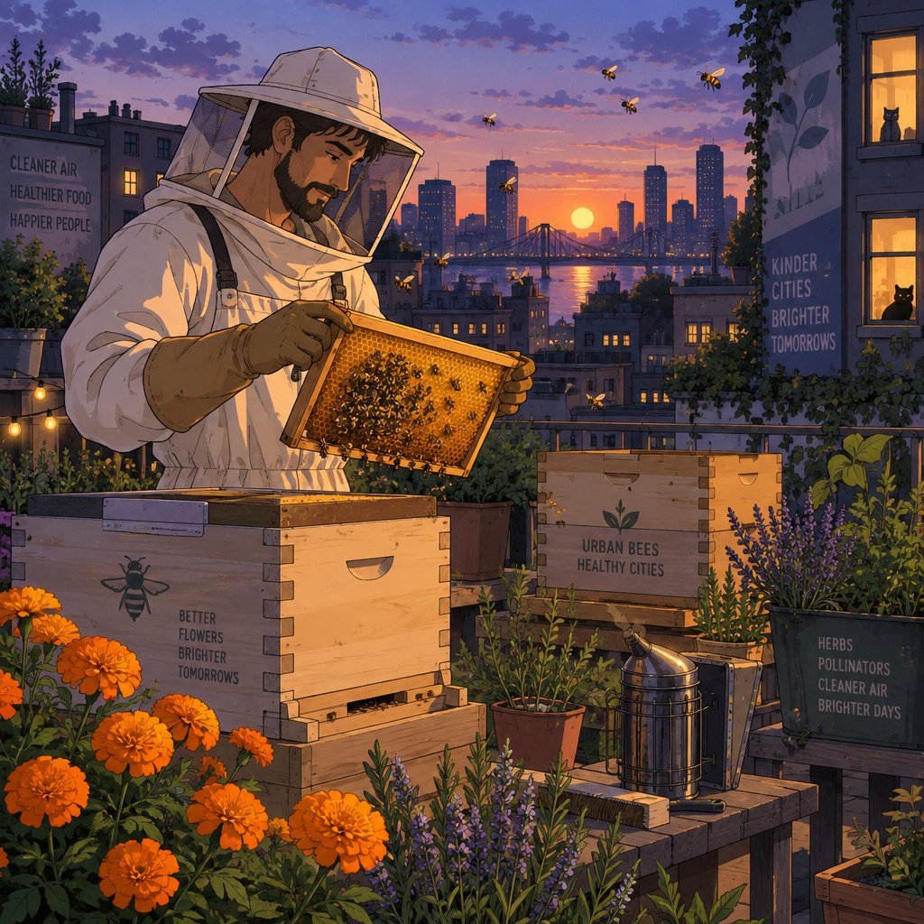 Cel-shaded anime illustration of an adult rooftop beekeeper tending lively hives among marigolds and herbs at dusk, with bees drifting past distant windows. Palette of saffron, violet, mint, and midnight blue, crisp contours and gentle gradients. — GPT Image 2.5 Sunburst