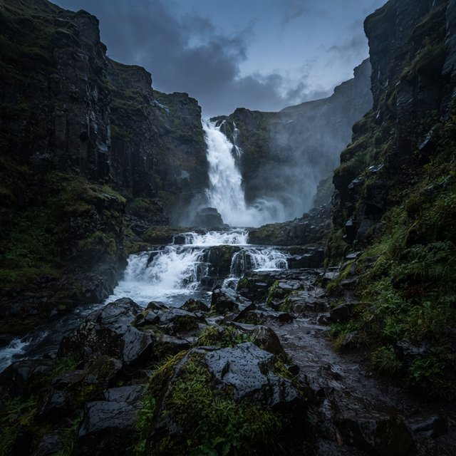 After a passing squall, a waterfall drops through a narrow basalt gorge at dusk, its white plume breaking against dark ledges; rain-beaded moss and sharp foreground stones lead toward cliffs fading behind drifting spray. — Nano Banana 2 Lite