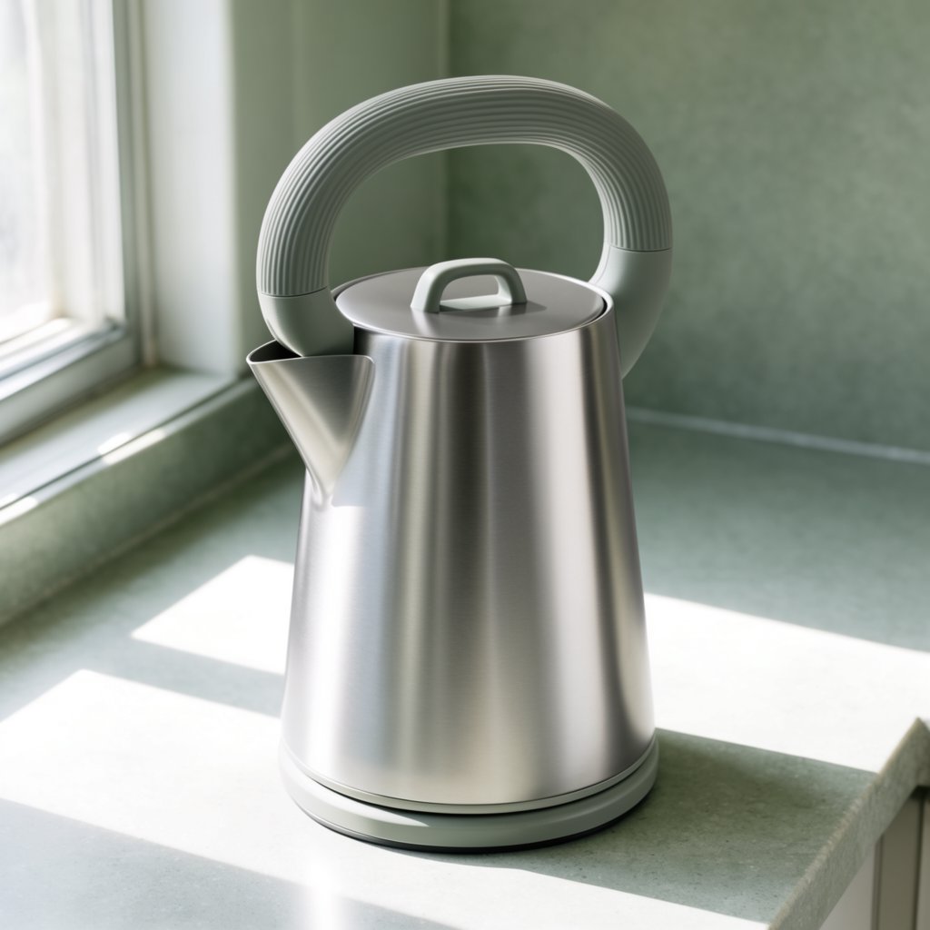 Morning daylight spills across a kitchen counter, revealing an unbranded electric kettle in satin stainless steel with a ribbed heat-resistant polymer handle. It sits on honed limestone against a muted sage backsplash, with window light and white bounce fill; commercial product image, no lettering. — Krea 2 Large