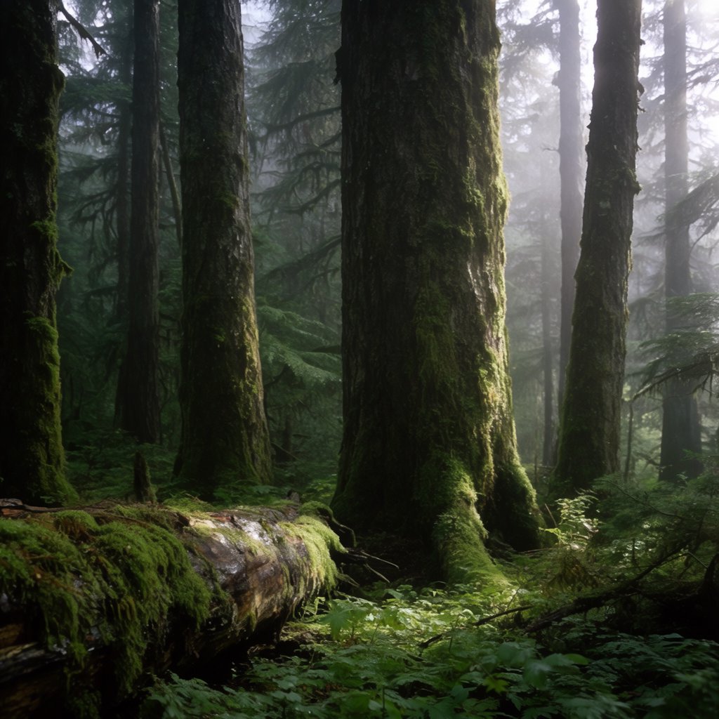 Old-growth temperate rainforest after rain, moss-covered fallen log, fog between the trunks, soft diffused light. — Krea 2 Large