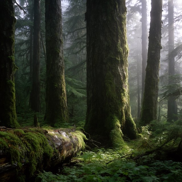 Old-growth temperate rainforest after rain, moss-covered fallen log, fog between the trunks, soft diffused light. — Krea 2 Large