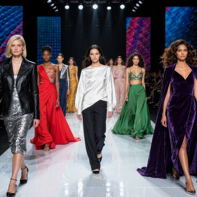 Adult female fashion models on the runway. There are models of all races: white, Black, Asian, Mexican, Indian, mixed race, etc. The vibe is cool and fierce. Many angles. — Kling v3 Omni
