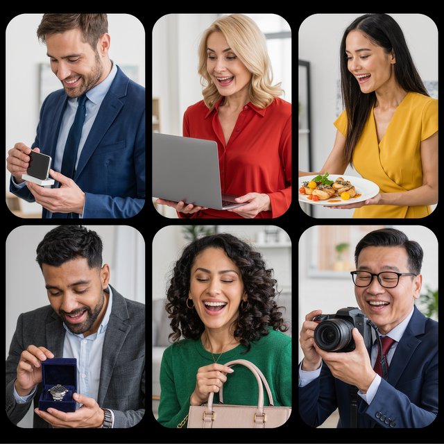 Realistic. Adults in the U.S., Canada, and Asia getting a ton of expensive free stuff (phones, PCs, nice food, and all kinds of other things). 4–6 panels. The adults react in the way one would expect as a result. — Kling v3 Omni
