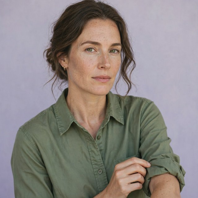 Portrait photograph of an adult woman in her late 30s wearing a moss-green cotton poplin shirt, fingers lightly turning its rolled cuff. Her calm, observant expression faces the camera against a chalky lavender backdrop, lit by soft diffused skylight. — Muse Image 1.0