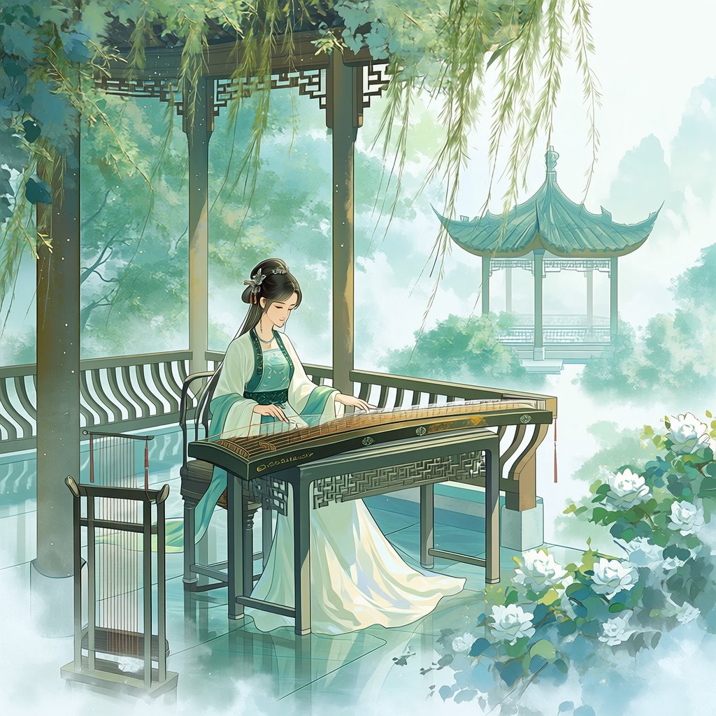 An elegant ancient Chinese lady in hanfu plays the guzheng in a quiet garden pavilion, surrounded by willow trees and mist, creating a poetic atmosphere. — Midjourney Niji 7