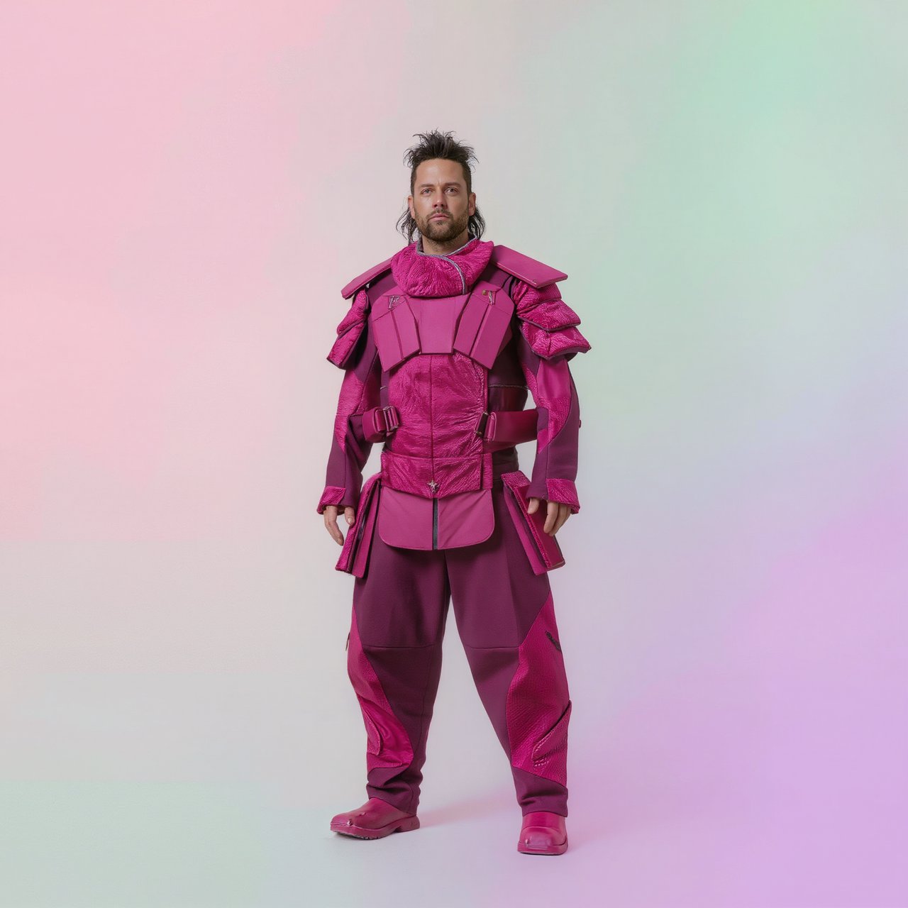 An image depicting a wild character dressed in magenta attire, an outfit, or armor. No text. A complementary pastel background. Lifestyle photography. — Kling v3