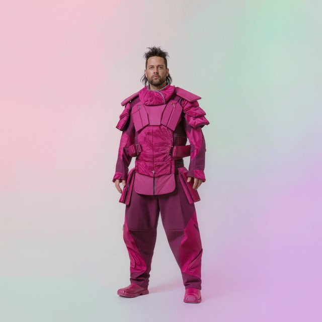 An image depicting a wild character dressed in magenta attire, an outfit, or armor. No text. A complementary pastel background. Lifestyle photography. — Kling v3
