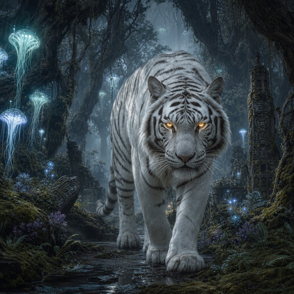 A majestic white tiger with eyes like molten gold, walking through a misty, ancient forest. Strange, bioluminescent flora casts an ethereal glow on the gnarled trees and moss-covered stones. The atmosphere is one of profound mystery and quiet solitude. Rendered in the style of detailed matte painting with a touch of dark fantasy concept art. — GPT Image 2