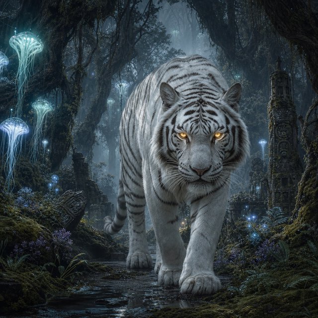 A majestic white tiger with eyes like molten gold, walking through a misty, ancient forest. Strange, bioluminescent flora casts an ethereal glow on the gnarled trees and moss-covered stones. The atmosphere is one of profound mystery and quiet solitude. Rendered in the style of detailed matte painting with a touch of dark fantasy concept art. — GPT Image 2
