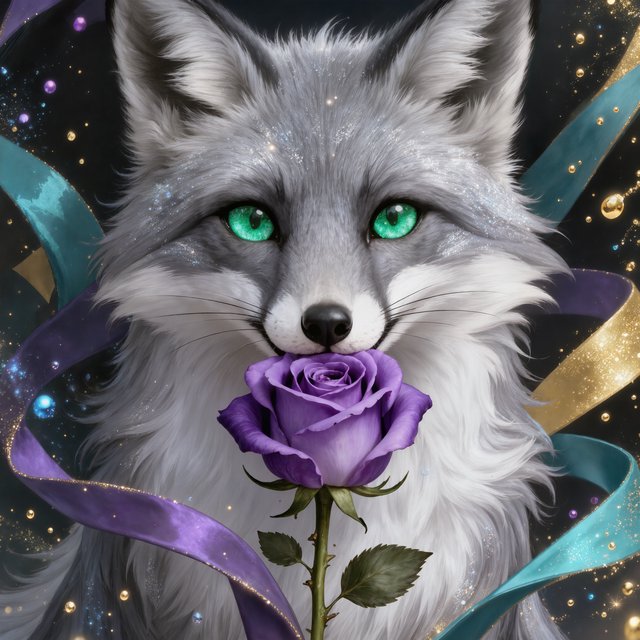 a silver fox holding a purple rose in its mouth, deep color, fantastical, intricate detail, splash screen, complementary colors, fantasy concept art — Model 10