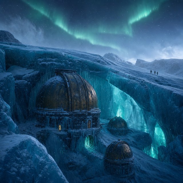 An abandoned observatory carved into a glacier, its bronze domes protruding from blue ice, aurora light filtering through crevasses, tiny adult explorers on a distant ridge emphasizing immense scale, drifting snow and deep polar shadows. — GPT Image 2