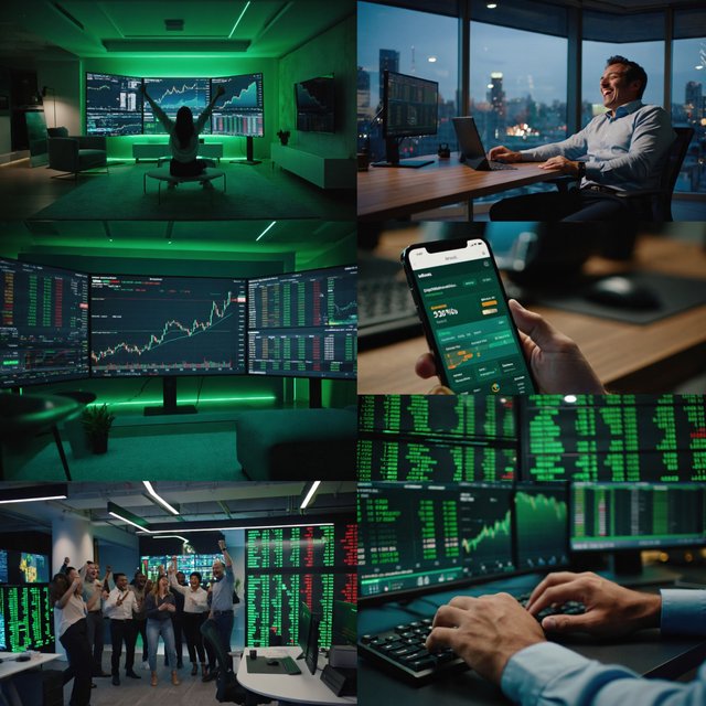 People making successful trades. A totally green day. Making a lot of money (life-changing money). At least 4 scenes. — ImagineArt 2