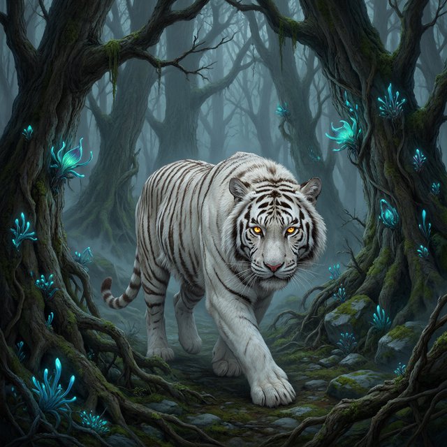 A majestic white tiger with eyes like molten gold, walking through a misty, ancient forest. Strange, bioluminescent flora casts an ethereal glow on the gnarled trees and moss-covered stones. The atmosphere is one of profound mystery and quiet solitude. Rendered in the style of detailed matte painting with a touch of dark fantasy concept art. — Qwen Image 3.0 Pro