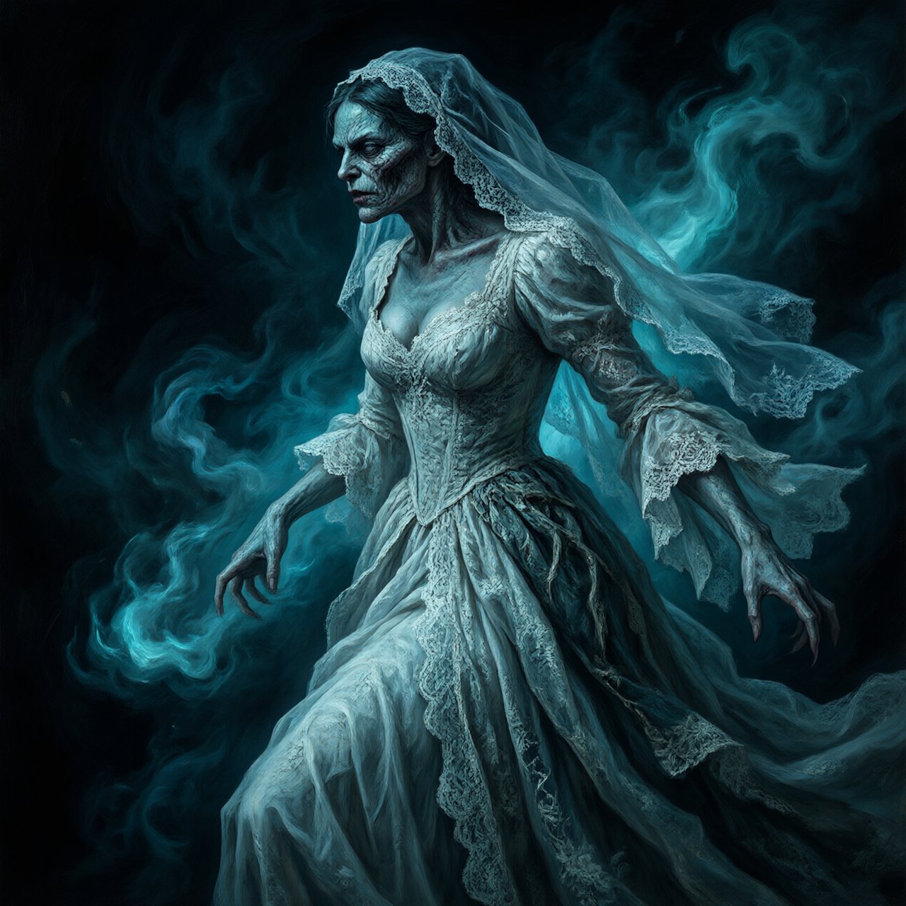 Baroque-style digital dark fantasy and cinematic Gothic horror; painterly realism, chiaroscuro à la Caravaggio; cool color palette of blues and turquoises, deep black shadows; swirling magical smoke, dynamic diagonal composition; intricate lace fabrics, detailed skin and creature textures; volumetric lighting, elegant, fluid movement; fantasy book cover illustration; dramatic storytelling, atmospheric depth. Gothic bride — Qwen Image 3.0