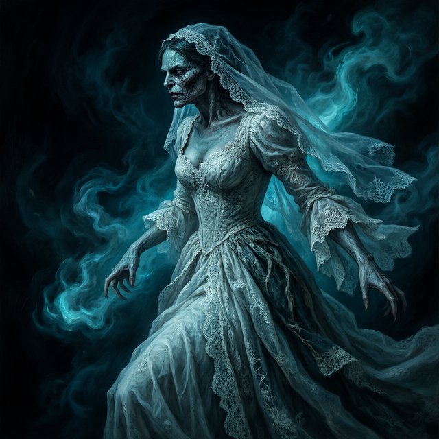 Baroque-style digital dark fantasy and cinematic Gothic horror; painterly realism, chiaroscuro à la Caravaggio; cool color palette of blues and turquoises, deep black shadows; swirling magical smoke, dynamic diagonal composition; intricate lace fabrics, detailed skin and creature textures; volumetric lighting, elegant, fluid movement; fantasy book cover illustration; dramatic storytelling, atmospheric depth. Gothic bride — Qwen Image 3.0