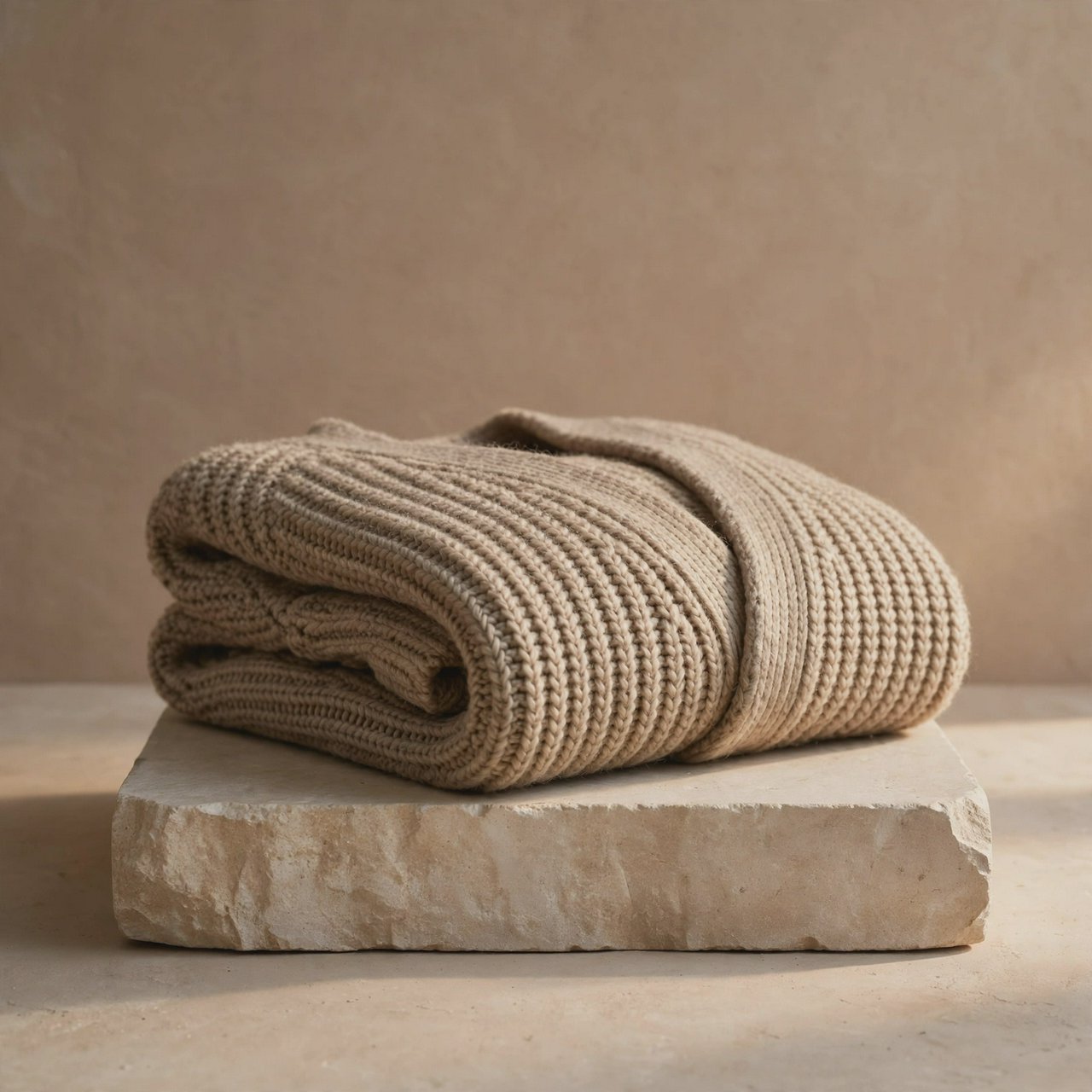 A folded unbranded merino cardigan rests on a honed limestone plinth, its chunky ribbed wool surface softly catching broad overhead diffusion and warm side bounce against a muted clay backdrop, with no tags, lettering, or graphics. — Muse Image 1.0