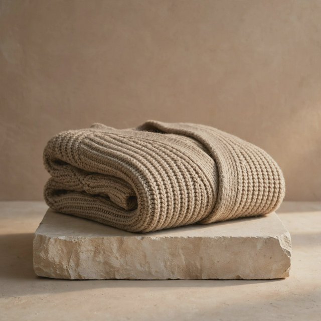 A folded unbranded merino cardigan rests on a honed limestone plinth, its chunky ribbed wool surface softly catching broad overhead diffusion and warm side bounce against a muted clay backdrop, with no tags, lettering, or graphics. — Muse Image 1.0