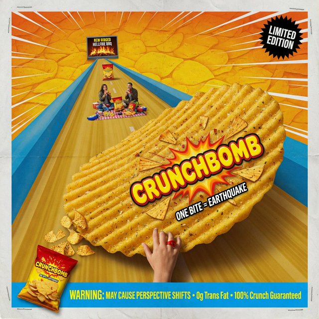 A creative promotional poster for potato chips featuring a forced perspective effect. — Grok Imagine Image Quality